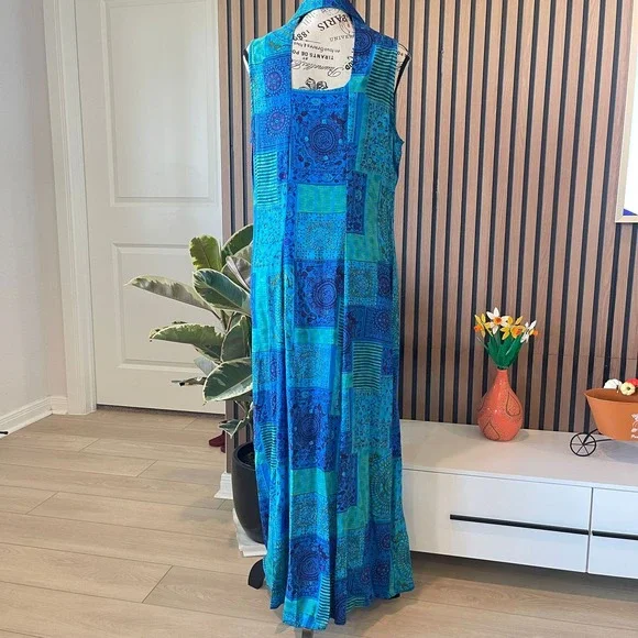 Scarlett Paisley Patchwork Maxi Dress Button Front Sleeveless Blue Size 14 - Picture 5 of 8
